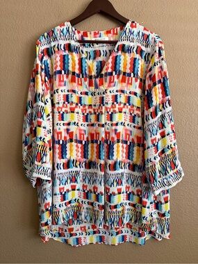 Rose & Olive Multicolor Geometric Print Peasant Blouse Size 2X